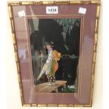 F. Ridgway: a simulated bamboo framed Oriental watercolour, depicting a Geisha stood on a pier