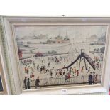 †L. S. Lowry: a painted wood framed coloured print on board, entitled "Children's Playground" -