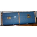 A 32 1/2" vintage bentwood bound and blue weather coated travelling trunk - a/f