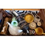 A box containing ceramics including egg holder, SylvaC vase, etc.