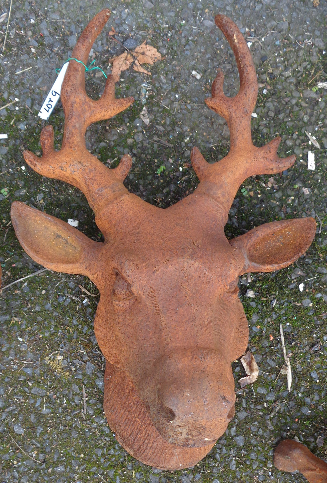 A cast iron garden stag's head with rusted finish