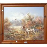 Burton: a polished wood framed modern oil on canvas, depicting a gun dog in a woodland setting -