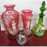 Four pieces of pâte-sur-pâte glassware comprising flask, vases and jug - various condition