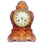 A 9 1/4" 19th Century inlaid rosewood cased bombe mantel clock with silvered dial and Le Roy,