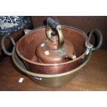 A copper preserve pan, brass similar and copper kettle