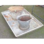 A large galvanized shallow tray, pail and coal helmet