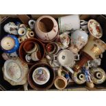 A box containing ceramics and pottery items including Old Country Roses bud vase