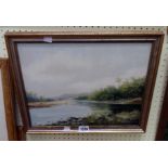 Philip Marchington: a gilt framed oil on canvas depicting a river landscape with angler in mid