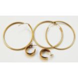 Three large hallmarked 375 gold hoop ear-rings - sold with a pair of half hoop similar