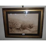 Jules Noel: gilt framed 19th Century sepia print depicting figures landing a fishing boat from