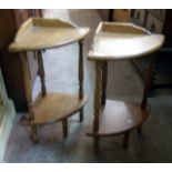 A pair of modern J. V. W. Malaysian stained hardwood two tier corner display stands with turned