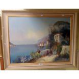 A vintage framed oil on canvas depicting a Mediterranean coastal scene viewed from a terrace with