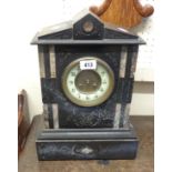 A late Victorian black slate and marble cased mantel clock of architectural design with S. Marti