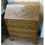 A 30" early 20th Century painted and lined satin birch bureau with profuse floral bouquet and swag
