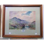 A. Birbeck: a framed watercolour depicting a moorland view with sheep, flowering heather and