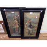 Pair of Edwardian ebonised framed coloured prints, one depicting a couple on a balcony at Giza,