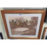 †Gillian Lawson: a maple framed muted palette etching entitled "The Village Pond", signed in pencil,