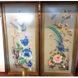 A pair of Oriental embroidered panels depicting a swallow and a pheasant - framed