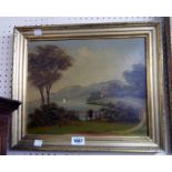 A gilt framed oil on board depicting a figure standing beside the water in a lakeland landscape -