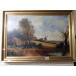 A gilt framed 19th Century oil on canvas bearing plaque to frame "A Woodcutters cottage Near
