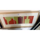 A modern pine framed coloured triptych print entitled "Jars and Bottles" - signed and titled in
