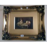 An ornate gilt framed and slipped oil on panel depicting a barn interior with three children looking