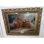 Deyrolle: an ornate gilt framed oil on canvas depicting a group of dancing figures by a well