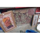 A gilt framed large ink on cotton Batik Indian scene - sold with two African similar