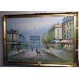 Benett: a 20th Century oil on canvas Parisian street scene with l'Arc de Triomphe in background -