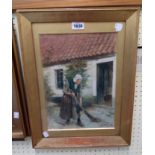 Whistler: a gilt framed and slipped watercolour depicting an elderly woman sweeping flagstones