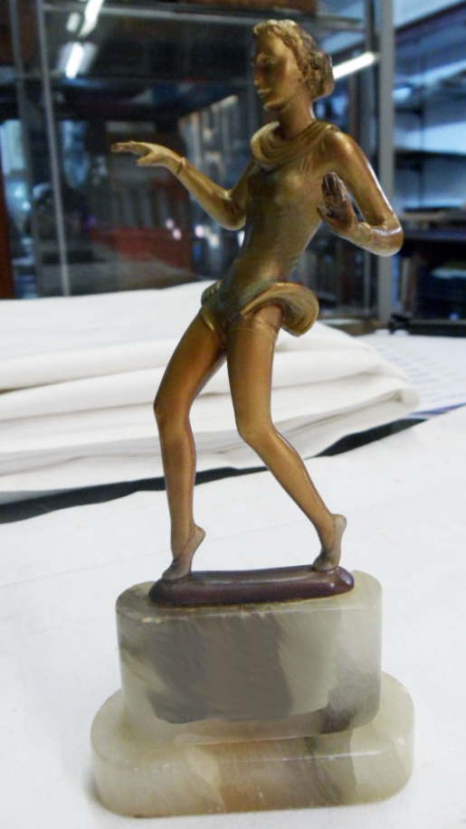 After Josef Lorenzl: a gilt spelter figure of a dancing woman, set on a marble base - left hand