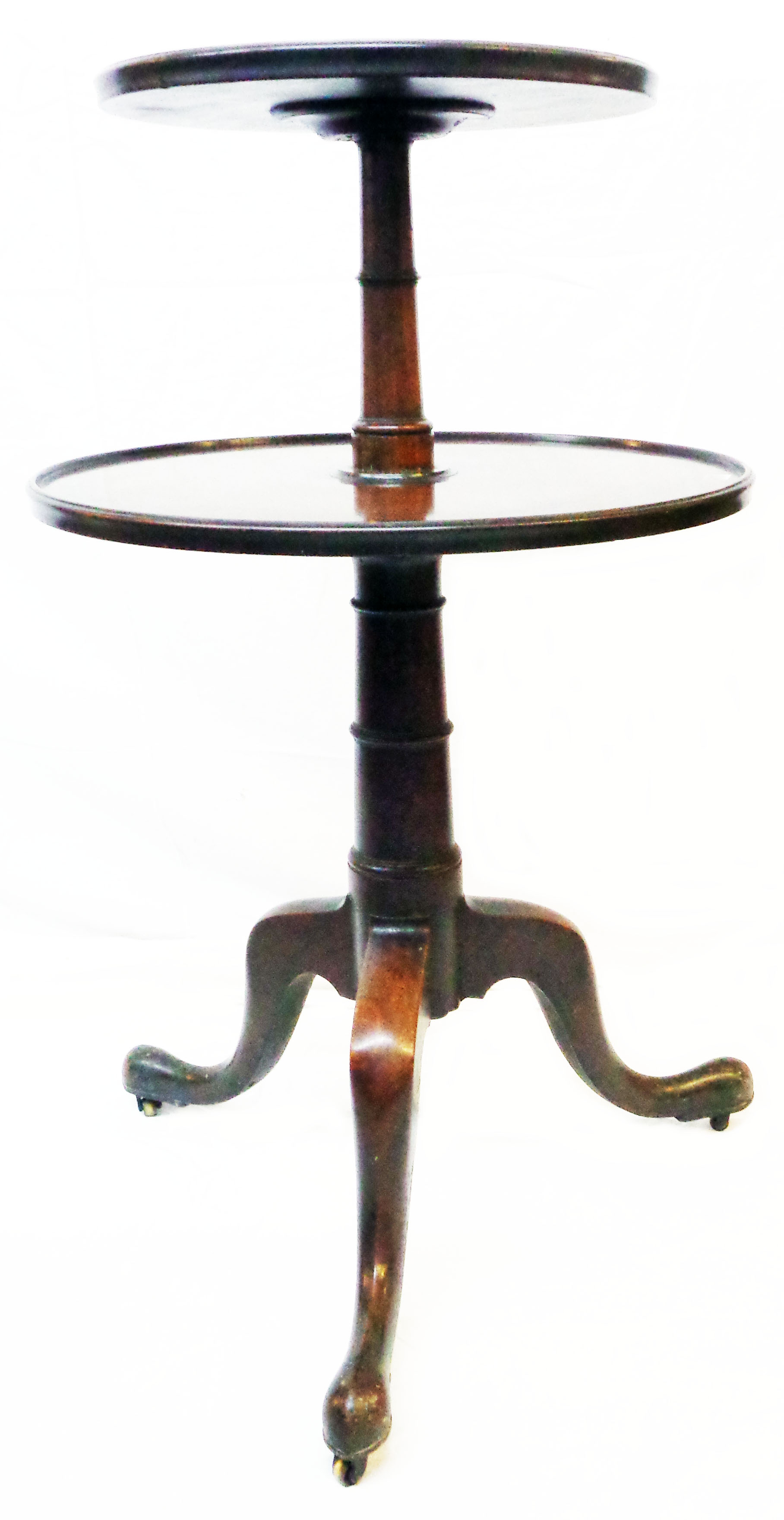 A 19th Century mahogany two tier dumb waiter, set on turned pillar and tripod base with brass roller