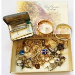 A box containing a quantity of costume and other jewellery including a gold filled clasp bracelet,