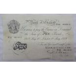 A May 10 1949 Beale £5 note - one horizontal and three vertical folds, minor corner folds, slight