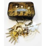 An antique chinoiserie papier-mâché snuff box containing a selection of watch keys