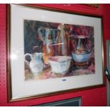 F. Wilson: a framed watercolour still life with jugs, vase and bowl - signed