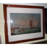 A burr walnut framed 19th Century lithograph depicting sailing vessels and figures in a rowing