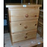 Two similar modern polished pine three drawer bedside chests, one 18", the other 16"