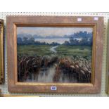 Fred Cook: a gilt framed oil on panel depicting a river view with castle in distance- signed - 14
