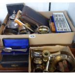 A quantity of silver plated items including cased and boxed cutlery items, also brass chamberstick