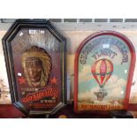 Two reproduction carved and painted wood signs for Old Indian Sarsparilla and hot air ballooning
