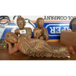Three lacquered wood Buddha figures with jewelled decoration