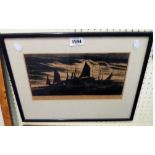 John H. Holden: a framed monochrome print entitled "Evening at Hastings" depicting beached fishing