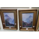 A pair of gilt framed gouache paintings depicting mountain river landscapes with animals and