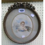 A gilt framed 19th Century oval watercolour portrait depicting a young girl, old label verso