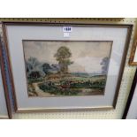 L. Wallis: a framed watercolour depicting a rural landscape with bridge and stream - signed - sold