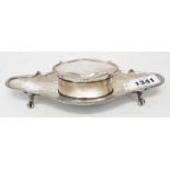 A silver dressing table flip-top ring box with shaped lid, set on a similarly shaped 8 1/2" tray