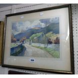 A gilt framed 20th Century watercolour depicting rural buildings and a track in a hilly landscape