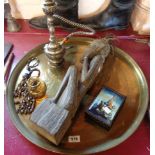 An Islamic brass tray - sold with a hookah pipe, etc.