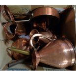 A box containing a quantity of copper items including jugs, pans, etc.
